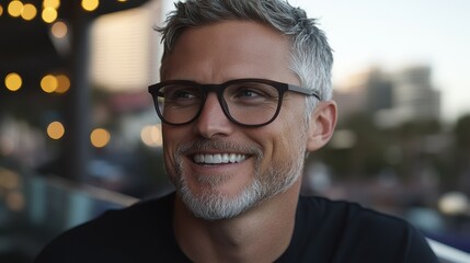 Fototapeta premium A man with glasses is smiling and looking at the camera. He is wearing a black shirt and he is happy