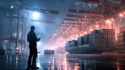 Logistics operations shipping yard industrial scene nighttime lighting wide shot supply chain management