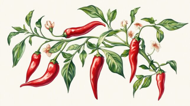 Vibrant Red Chili Peppers Botanical Illustration