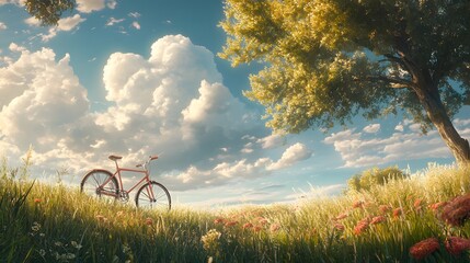 Naklejka premium A vintage orange bicycle resting in a sunlit meadow with fluffy clouds above.