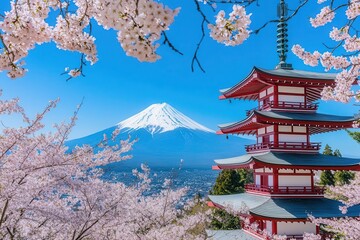 A scenic view of Mount Fuji and a pagoda framed by cherry blossoms under a clear blue sky.