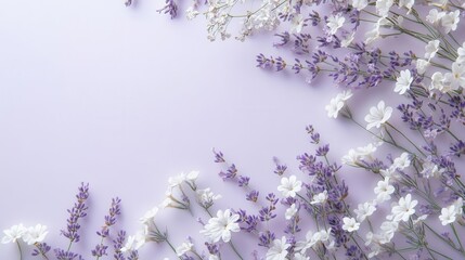 A serene arrangement of lavender and white flowers on a soft purple background.