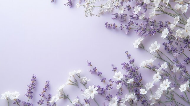 A serene arrangement of lavender and white flowers on a soft purple background.