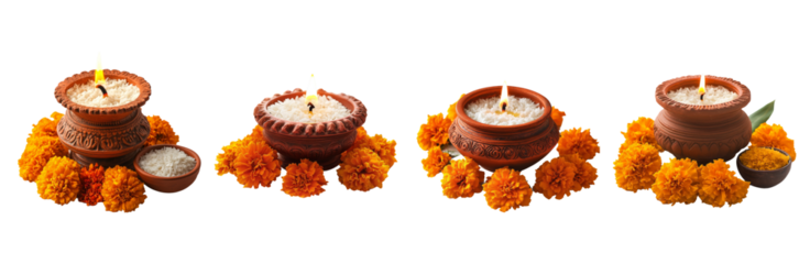 Traditional Diwali Oil Lamps with Marigold Flowers