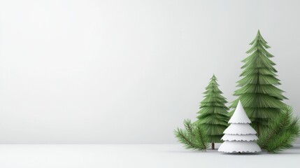 Decorative arrangement of simple paper Christmas trees and green pine branches on a minimalist background