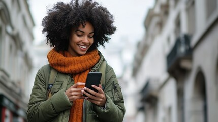 A woman with curly hair is smiling while looking at her cell phone. She is wearing a green jacket and an orange scarf