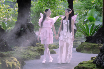 Portrait fantasy Angel Fairy Tale woman in forest natural trees. Elf girl fashion in pink dress with butterfly wings fairy tale story world. Walks in fresh green trees with magic radiance.