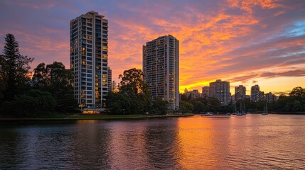 Fototapeta premium High rise residential appartments on Parramatta River at Sunset with colourful skies Sydney NSW Australia