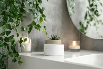 A serene bathroom scene with plants, candles, and skincare products for relaxation.