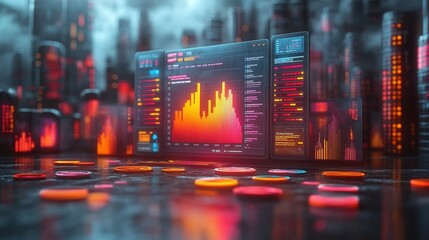 Futuristic Cityscape Displays Financial Data Graphs