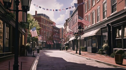 Obraz premium Historic Boston Street with Brick Buildings, Old-Fashioned Lamps, and American Flags