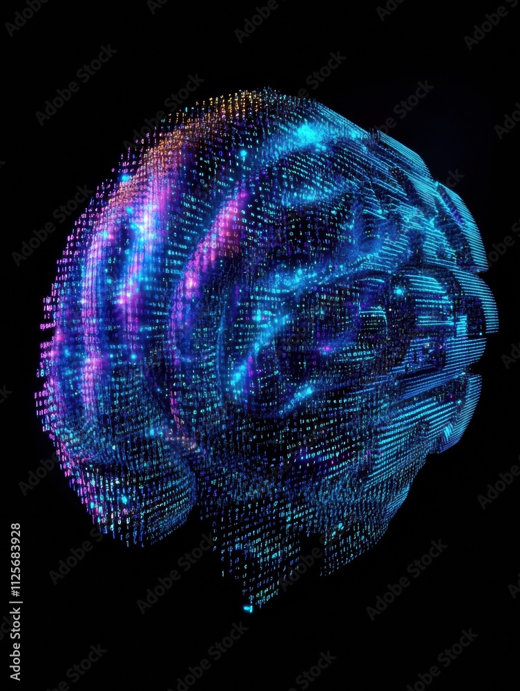 Poster A glowing brain structure made from blue and purple digital grids and binary code stands against a dark background, showcasing futuristic design. Generative AI