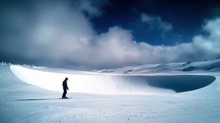 A lone snowboarder approaches a massive snow halfpipe in a stunning winter landscape.
