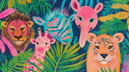 Fototapeta premium Vibrant painted animals in lush tropical foliage.