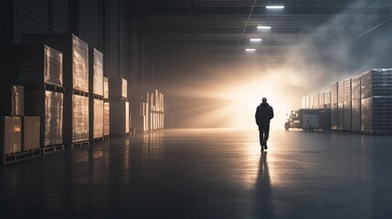Warehouse worker walking towards light industrial setting photography shadows solitude for business impact