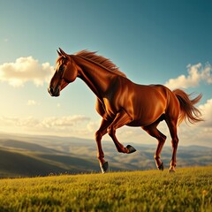 Obraz premium A brown horse in mid-gallop on a sun-kissed day, surrounded by nothing but endless fields and sky, motion blur, brown horse, galloping horse, open field