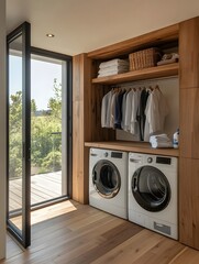 laundry room interior design. Washing Machine. Clean and Stylish Space for Efficient Laundry Care.