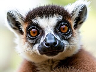 Big round eyes and a cute nose with a small mouth on a furry lemur face, forest creature, cute animals