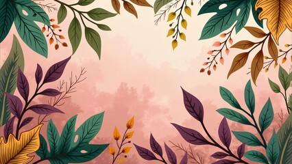 Fototapeta premium Vibrant Autumn Leaves, Detailed Botanical Illustration with Pink Background