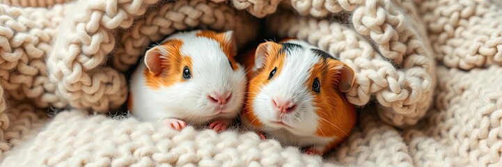 Two guinea pigs snuggled up together on a woolen blanket with their fur intertwined, cute guinea pigs, pet snuggle