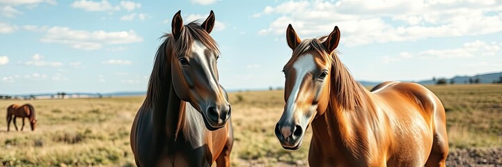 Obraz premium Two horses standing side by side with their ears perked up and their eyes looking towards the same horizon, animal companionship, friendship between horses