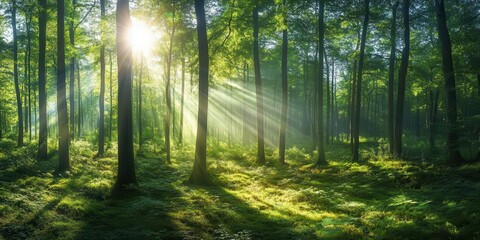 Obraz premium A serene forest scene with sunlight filtering through trees, creating a tranquil atmosphere.
