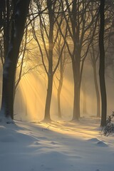 Serene Winter Forest at Sunrise with Soft Golden Light