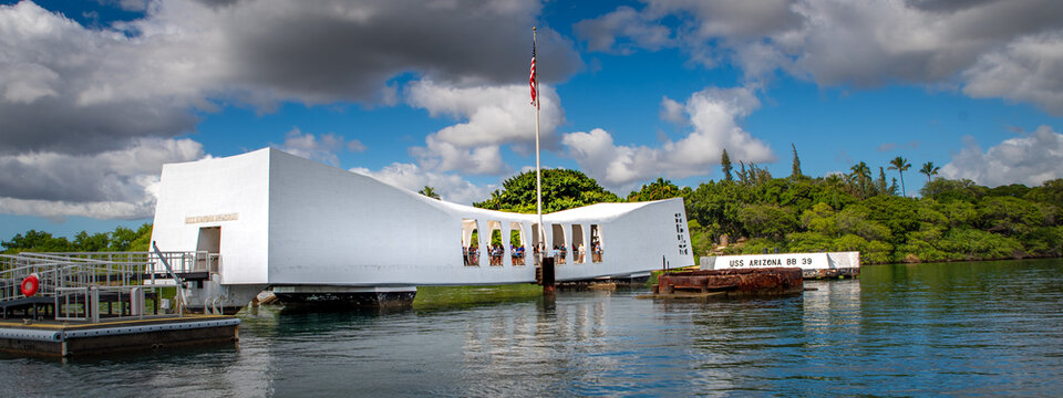 Honolulu, HI &mdash; Nov. 26, 2024; Wide view of USS Arizona Memorial spanning waters of Pearl Harbor, marking final resting place of battleship USS Arizona and honoring lives lost during Dec 7, 1941 attack