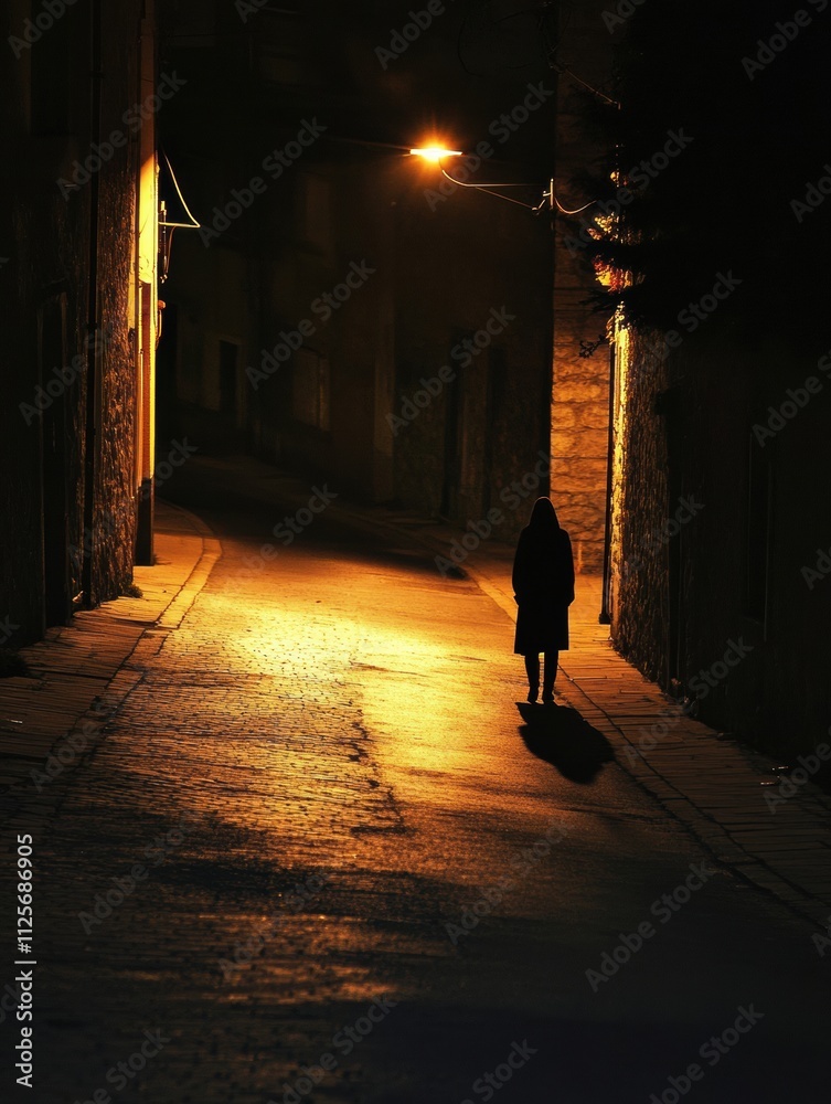 Aufkleber A lonely person strolls down an empty street at night, shadows cast by streetlights creating a mysterious atmosphere with space for text. Generative AI