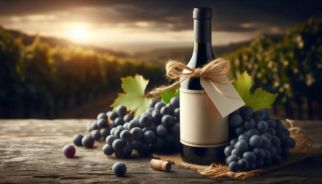 Botella de champagne elegante con uvas frescas y adornos navideños en un ambiente cálido y acogedor, con una nota blanca lista para personalizar, ideal para celebraciones festivas.