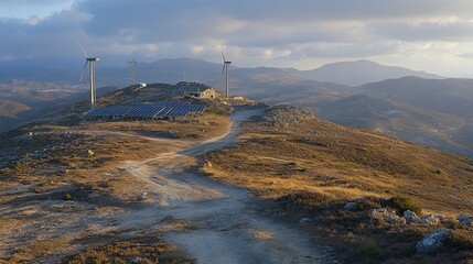 Wind turbines and solar panels located on the mountain