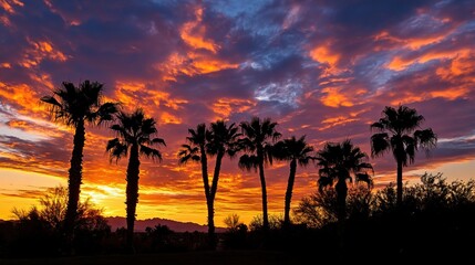 Obraz premium Silhouetted Palm Trees Against a Vibrant Sunset Sky