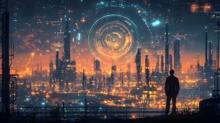 Fototapeta premium Silhouetted figure gazing at a futuristic city skyline at dusk.