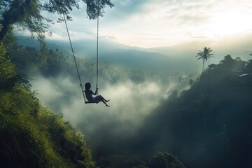 A serene landscape featuring a child on a swing overlooking misty mountains at sunrise.