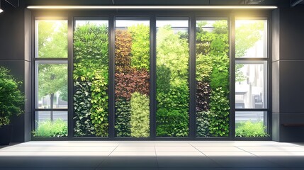 Lush green indoor vertical garden in a modern architectural space.