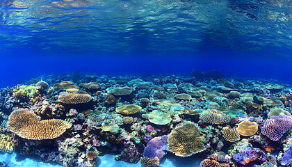 Fototapeta premium Vibrant underwater scene showcasing a thriving coral reef ecosystem with diverse coral formations and a clear blue ocean above.