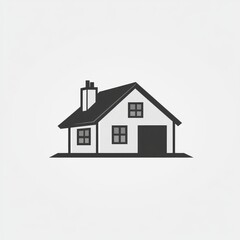 A simple black and white illustration of a house with a chimney and windows.