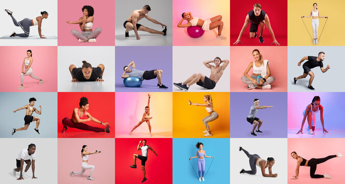 Individuals perform different workouts including stretching, strength training, and cardio exercises in a colorful indoor setting. Each participant showcases distinct movements and techniques.