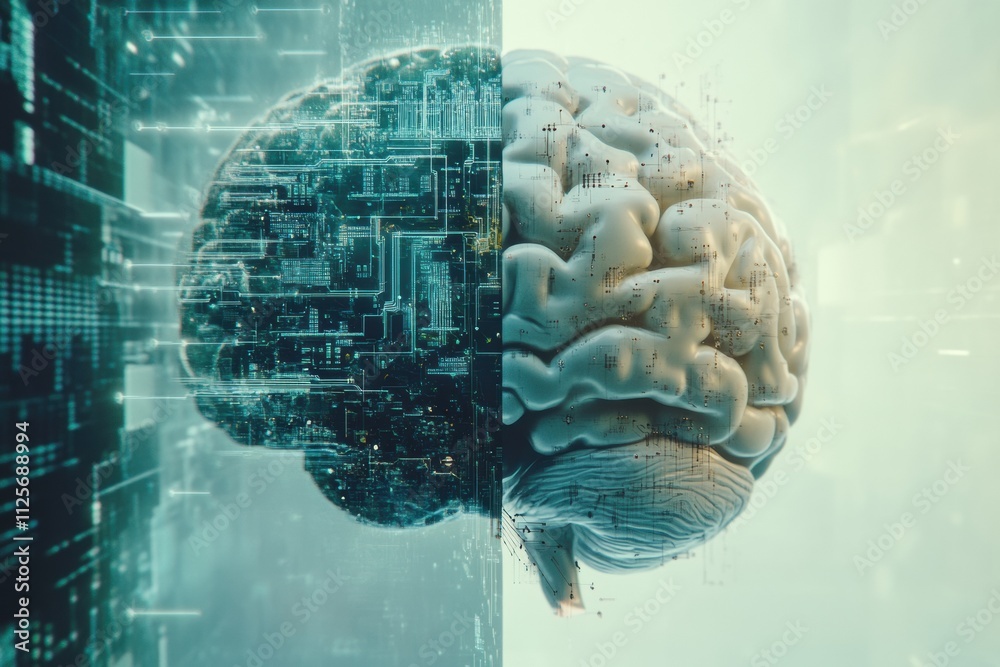 Aufkleber A digital brain merges seamlessly with circuits and chips, illustrating the fusion of human intelligence and AI innovation in a futuristic landscape. Generative AI
