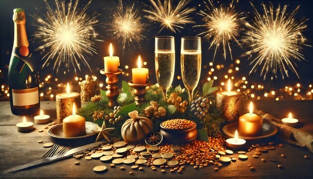 Botella de champagne elegante con uvas frescas y adornos navideños en un ambiente cálido y acogedor, con una nota blanca lista para personalizar, ideal para celebraciones festivas.