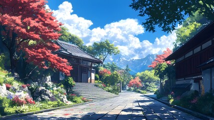 Obraz premium Serene pathway in a vibrant autumn landscape with traditional architecture.