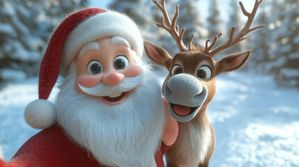3d rendering of Santa Claus and a cartoon reindeer