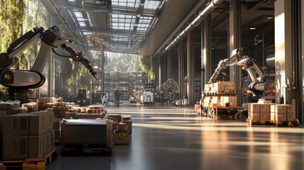 Automated warehouse operations modern facility industrial technology efficient environment wide-angle view future logistics concepts