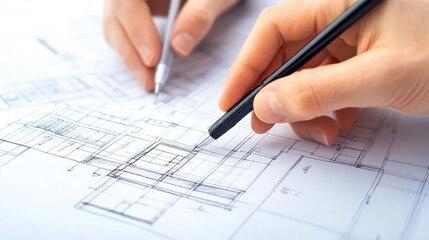 Close-up of hands drawing architectural blueprints.