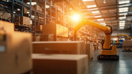 Automated robotic arm handling packages warehouse industrial operation indoor environment close-up view efficiency concept