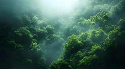 Obraz premium Lush green forest enveloped in misty tranquility and soft light.