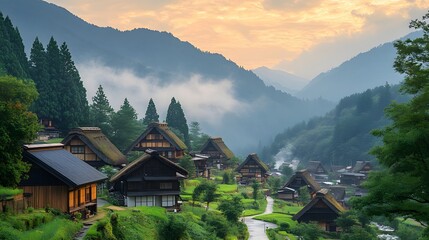 Obraz premium Serene rural landscape with traditional thatched-roof houses at dusk.