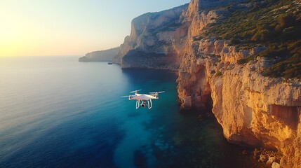 A drone flying over a serene coastal cliff during sunset.