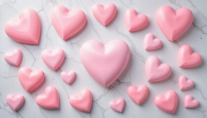 Fototapeta premium Pink heart decorations on marble background