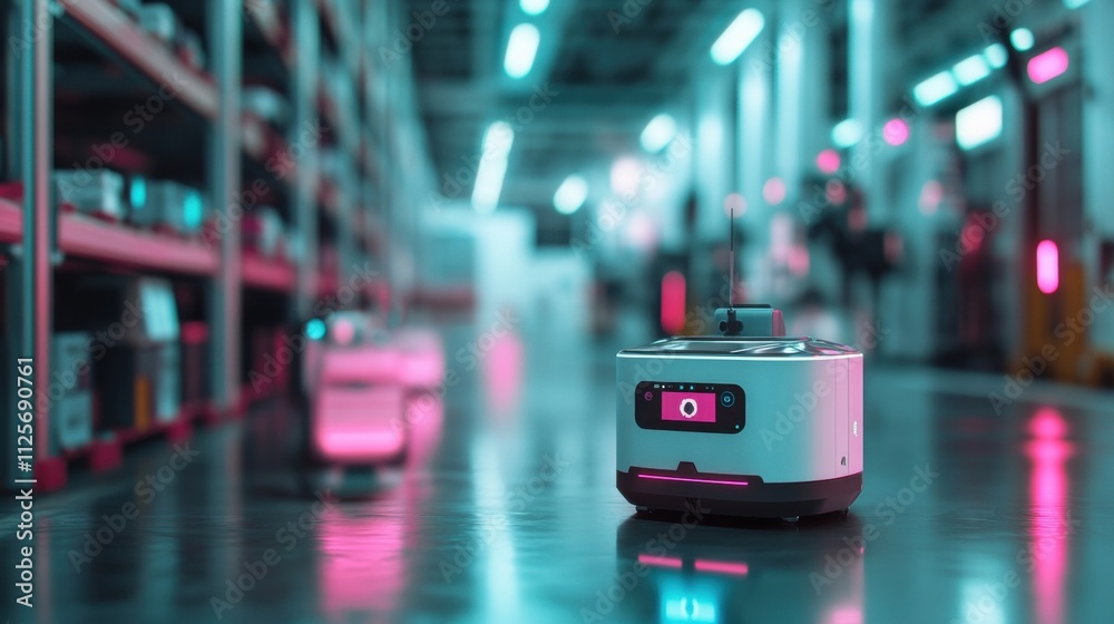 Poster autonomous robots performing warehouse operations industrial setting technology showcase futuristic 